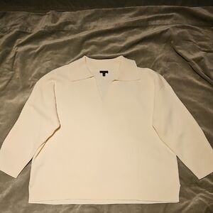 Talbots Women's Wool Blend Milanp Stitch Johnny Collar V-Neck Sweater in Cream